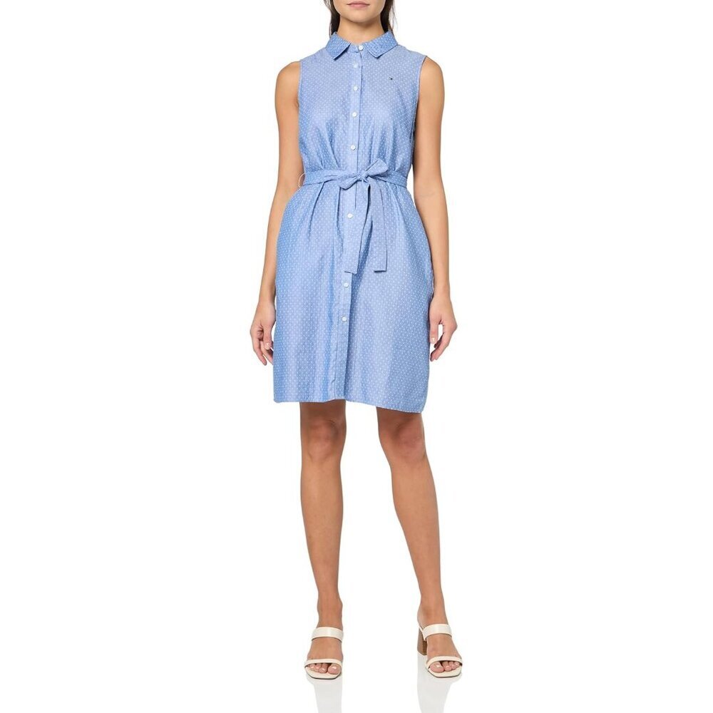 Women's Cotton Sleeveless Shirt Dress Size 10 Collared Tie Waist Casual